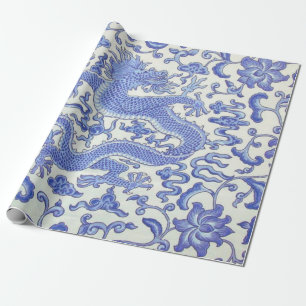 Blue and White Chinese Dragon Floral Decoupage Wrapping Paper