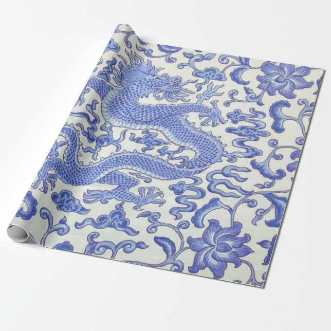 Blue and White Chinese Dragon Floral Decoupage Wrapping Paper (Unrolled)