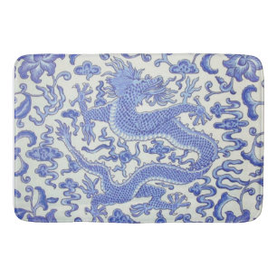 Blue and White Chinese Oriental Dragon Floral Bath Mat