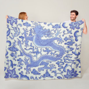 Blue and White Chinese Oriental Dragon Floral Fleece Blanket