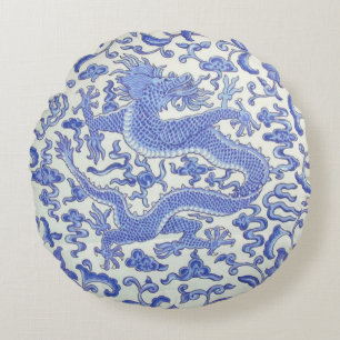 Blue and White Chinese Oriental Dragon Floral Round Cushion
