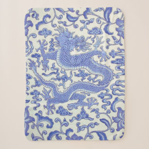 Blue and White Chinese Oriental Dragon Floral Sherpa Blanket