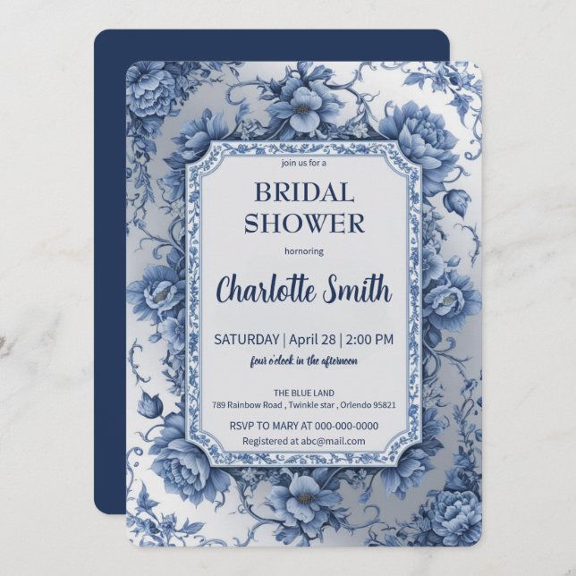 Blue and white Chinoiserie antique bridal shower Invitation (Front/Back)