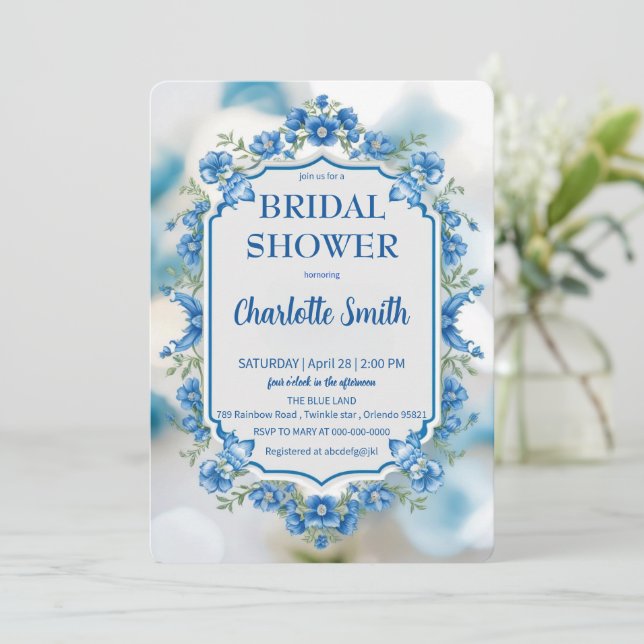 blue and white Chinoiserie antique bridal shower Save The Date (Standing Front)
