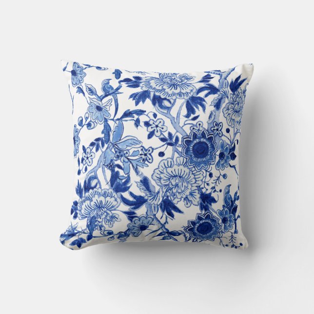 Blue and White Chinoiserie Bird Floral n Foliage  Cushion (Front)