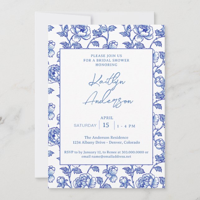 Blue and White Chinoiserie Bridal Shower Invitation (Front)