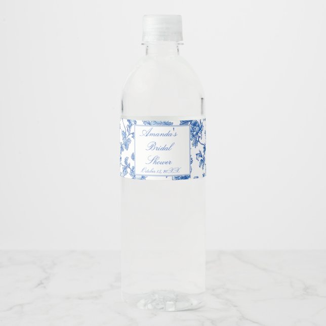 Blue and White Chinoiserie Bridal Shower  Water Bottle Label (Front)