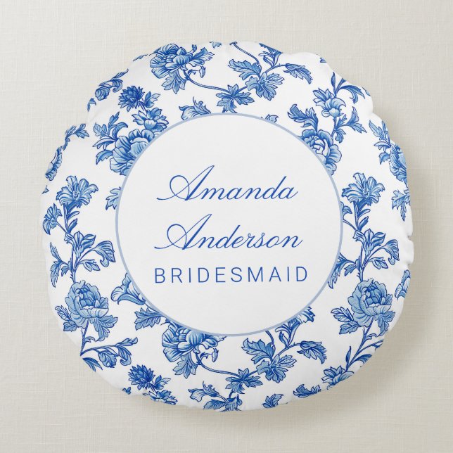 Blue and White Chinoiserie Bridesmaid Gift Round Cushion (Front)