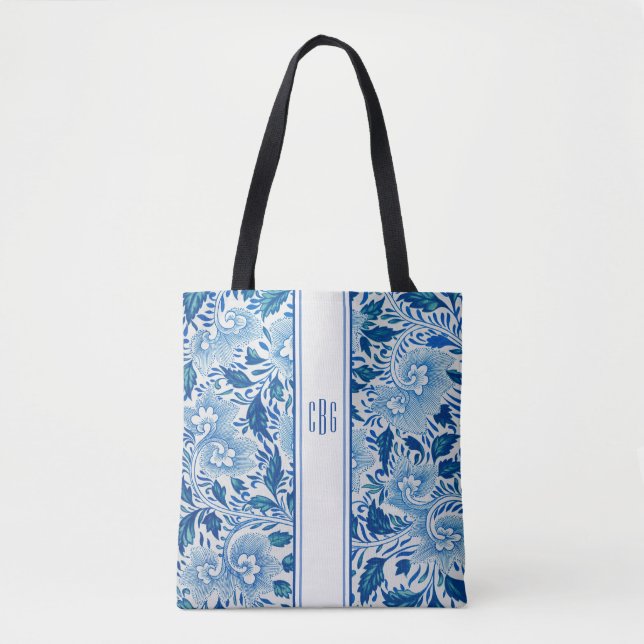 Blue and White Chinoiserie Chic Tote with Monogram (Front)