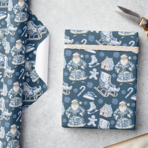 Blue and White Chinoiserie Christmas Santa Wrapping Paper