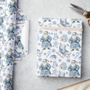 Blue and White Chinoiserie Christmas Santa Wrapping Paper
