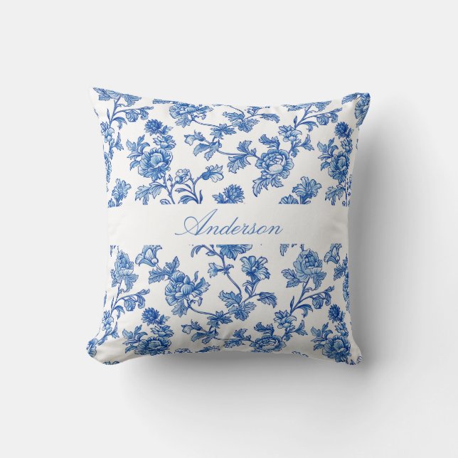 Blue and White Chinoiserie Custom Name Cushion (Front)