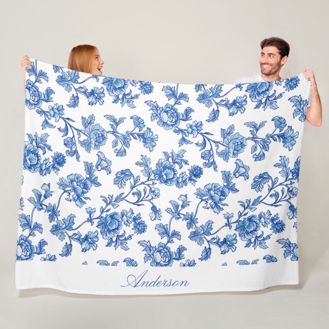 Blue and White Chinoiserie Custom Name Fleece Blanket (In Situ)