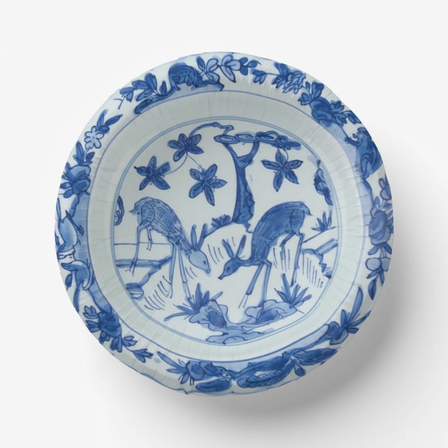 Blue and White Chinoiserie Deer Faux China Paper Plate (Front)