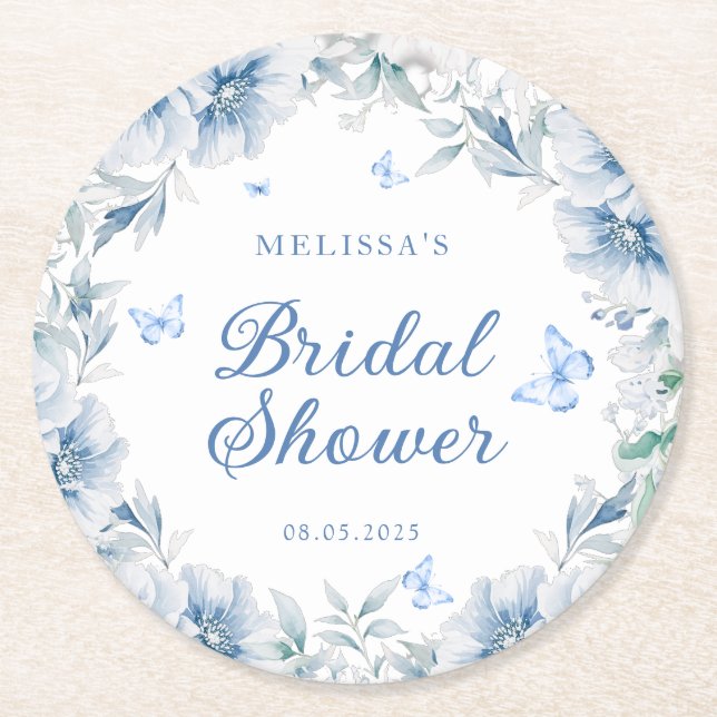 Blue and White Chinoiserie Elegant Bridal Shower Round Paper Coaster (Front)