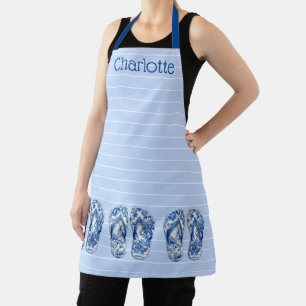Blue and White Chinoiserie Flip Flops on Stripes Apron