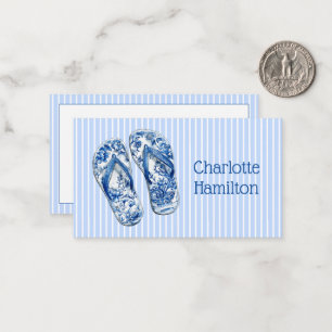 Blue and White Chinoiserie Flip Flops on Stripes Card