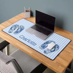 Blue and White Chinoiserie Flip Flops on Stripes Desk Mat