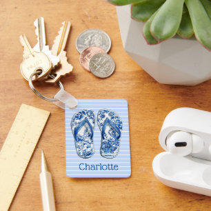Blue and White Chinoiserie Flip Flops on Stripes Key Ring