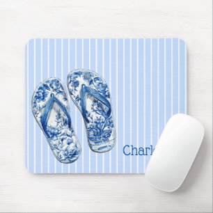 Blue and White Chinoiserie Flip Flops on Stripes Mouse Mat