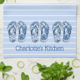 Blue and White Chinoiserie Flip Flops on Stripes Tea Towel