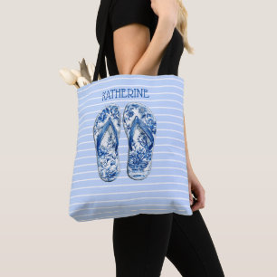 Blue and White Chinoiserie Flip Flops on Stripes Tote Bag