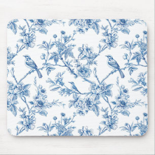 Blue and White Chinoiserie Floral Birds Mouse Mat