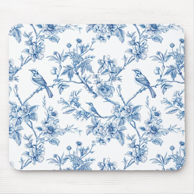 Blue and White Chinoiserie Floral Birds Mouse Mat (Front)