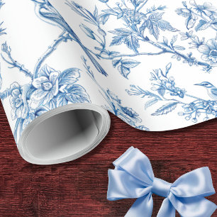 Blue and White Chinoiserie Floral Birds Wrapping Paper