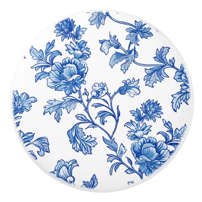 Blue and White Chinoiserie Floral  Ceramic Knob (Front)