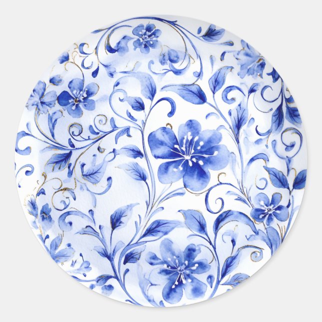 Blue and white Chinoiserie Floral  Classic Round Sticker (Front)