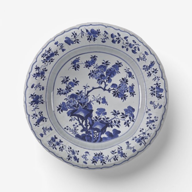 Blue and White Chinoiserie Floral Faux China Paper Plate (Front)