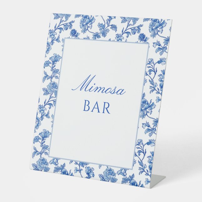 Blue and White Chinoiserie Mimosa Bar  Pedestal Sign (Front)