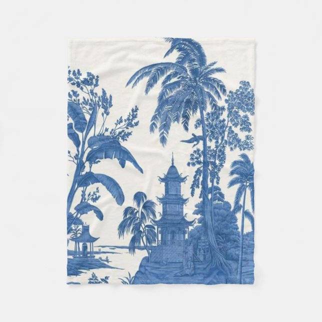 Blue and White Chinoiserie Oriental Fleece Blanket (Front)
