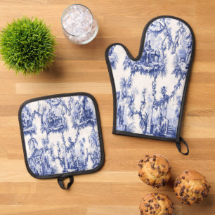 Blue and White Chinoiserie Oven Mitt & Pot Holder Set