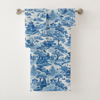 Blue and white chinoiserie pattern bath towel set