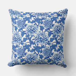 Blue and White Chinoiserie Peony Floral Cushion