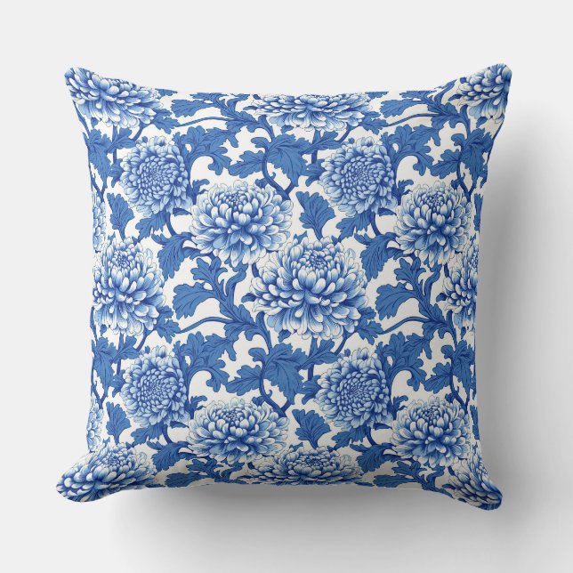 Blue and White Chinoiserie Peony Floral  Cushion (Front)
