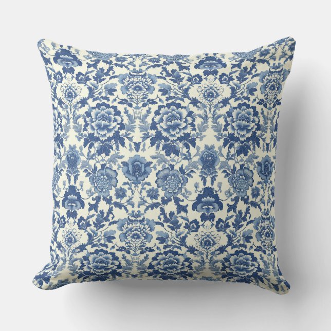 Blue and White Chinoiserie Peony Floral Pattern Cushion (Front)