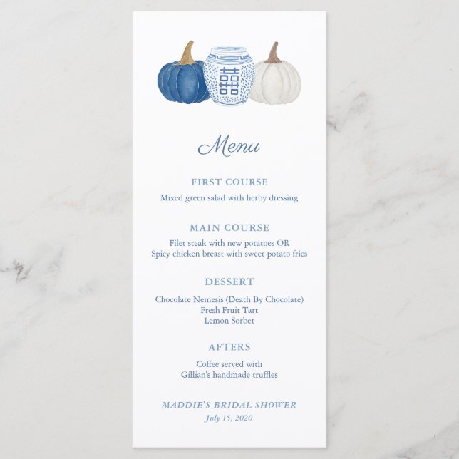 Blue And White Chinoiserie Pumpkins Wedding Shower Menu (Front)