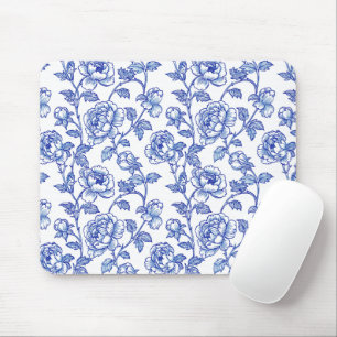 Blue and White Chinoiserie Rose Peony Mouse Mat