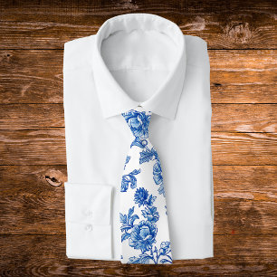 Blue and White Chinoiserie Rose Peony Tie