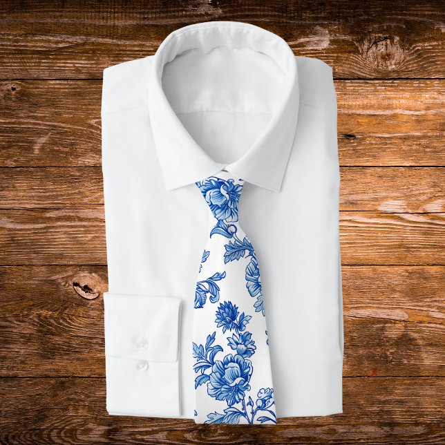 Blue and White Chinoiserie Rose Peony Tie (Creator Uploaded)