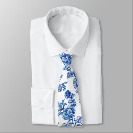 Blue and White Chinoiserie Rose Peony Tie