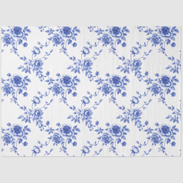 Blue and White Chinoiserie Rose Peony Tissue Paper (Front)