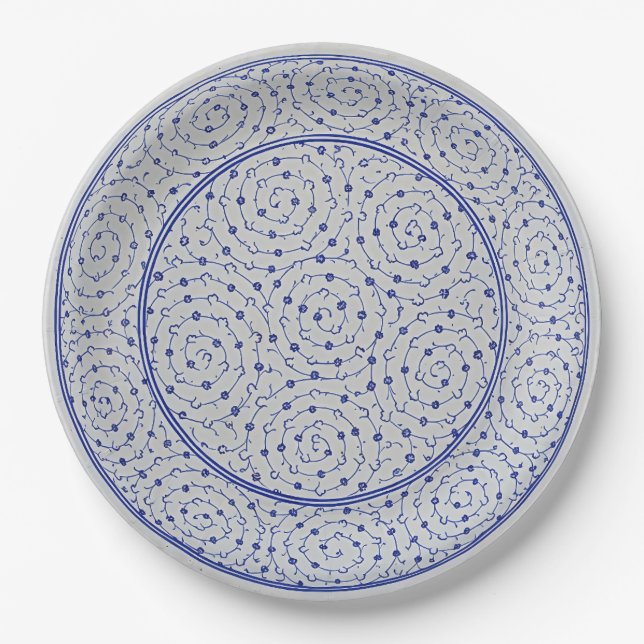Blue and White Chinoiserie Spiral Vine Faux China Paper Plate (Front)