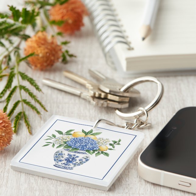 Blue and White Chinoiserie Vase With Hydrangeas Key Ring (Front Right)