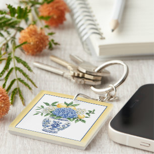 Blue and White Chinoiserie Vase With Hydrangeas Key Ring