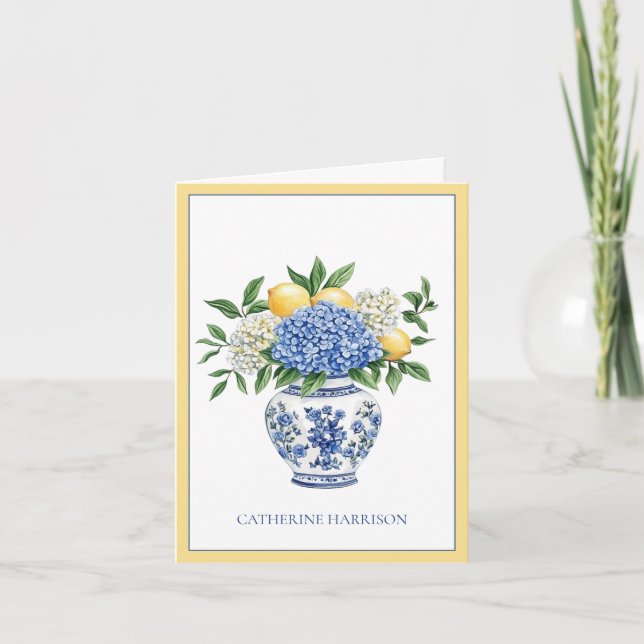 Blue and White Chinoiserie Vase With Hydrangeas Note Card (Front)