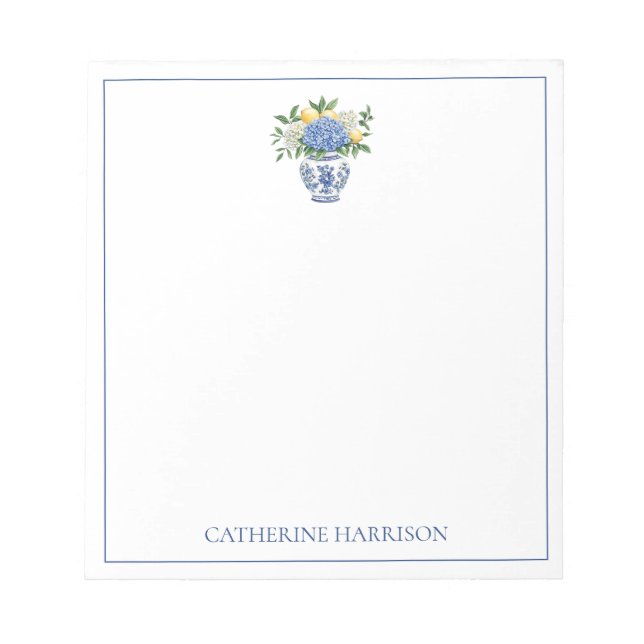 Blue and White Chinoiserie Vase With Hydrangeas Notepad (Front)